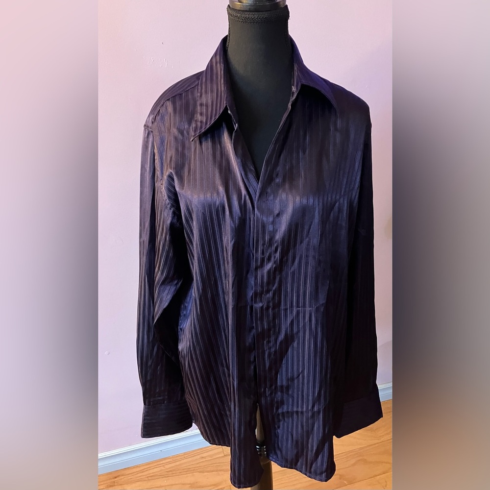 Mens long sleeved dark purple silky button up shirt size L